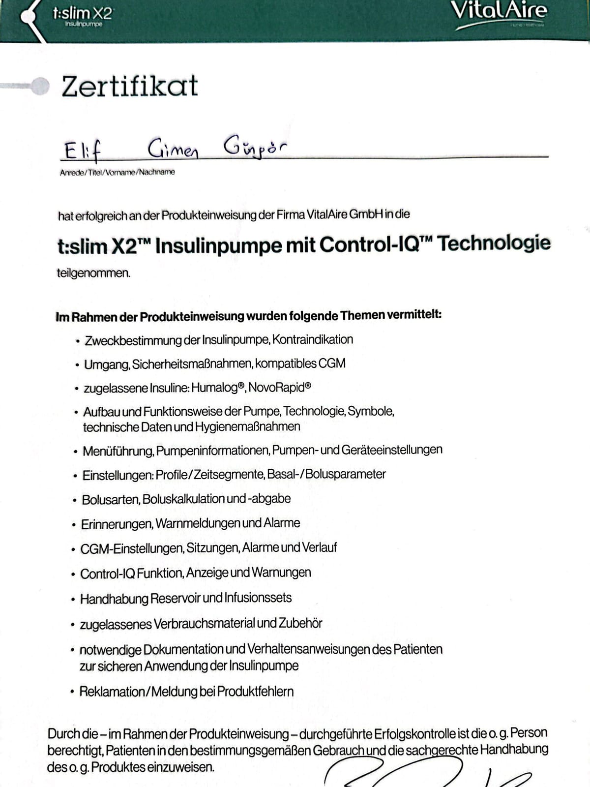 Zertifikat der VitalAire GmbH über die Produkteinweisung in die t:slim X2 Insulinpumpe mit Control-IQ Technologie, 19. Dezember 2022.